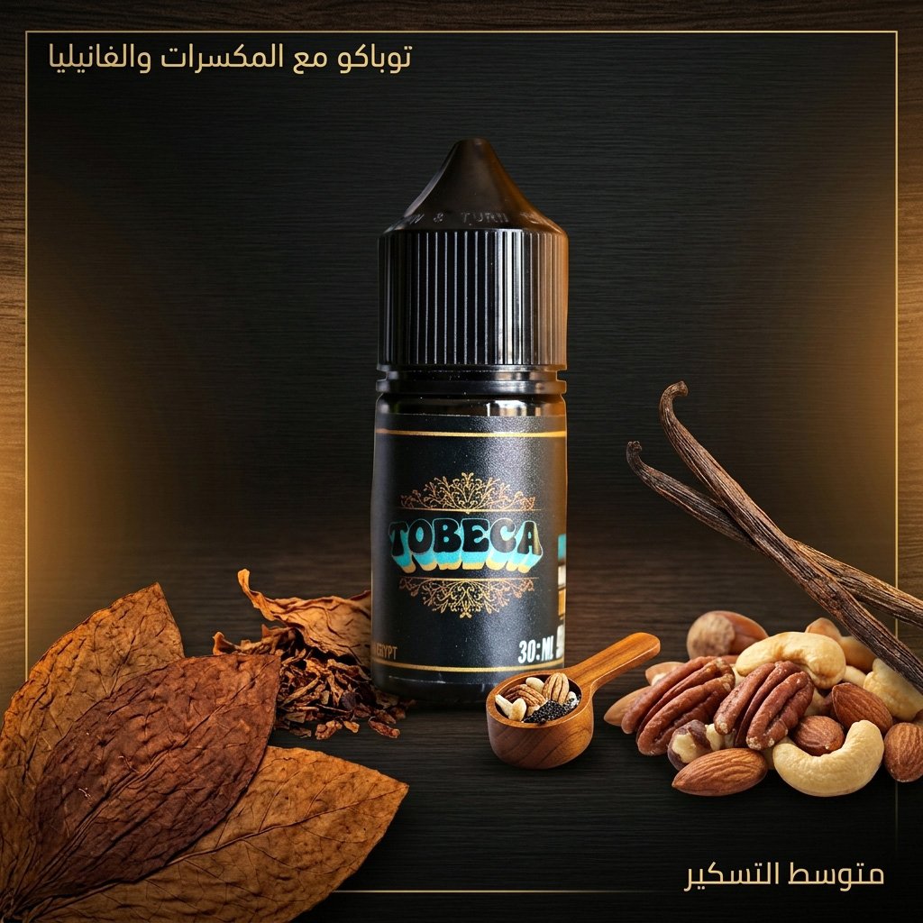 TOBECA توليفة دافئة وغنية تجمع بين نكهة التوباكو الأصيل وتشكيلة فاخرة من المكسرات المحمصة مع لمسة فانيليا ناعمة، بمستوى تسكير متوسط يمنحك توازناً مثالياً في كل سحبة.